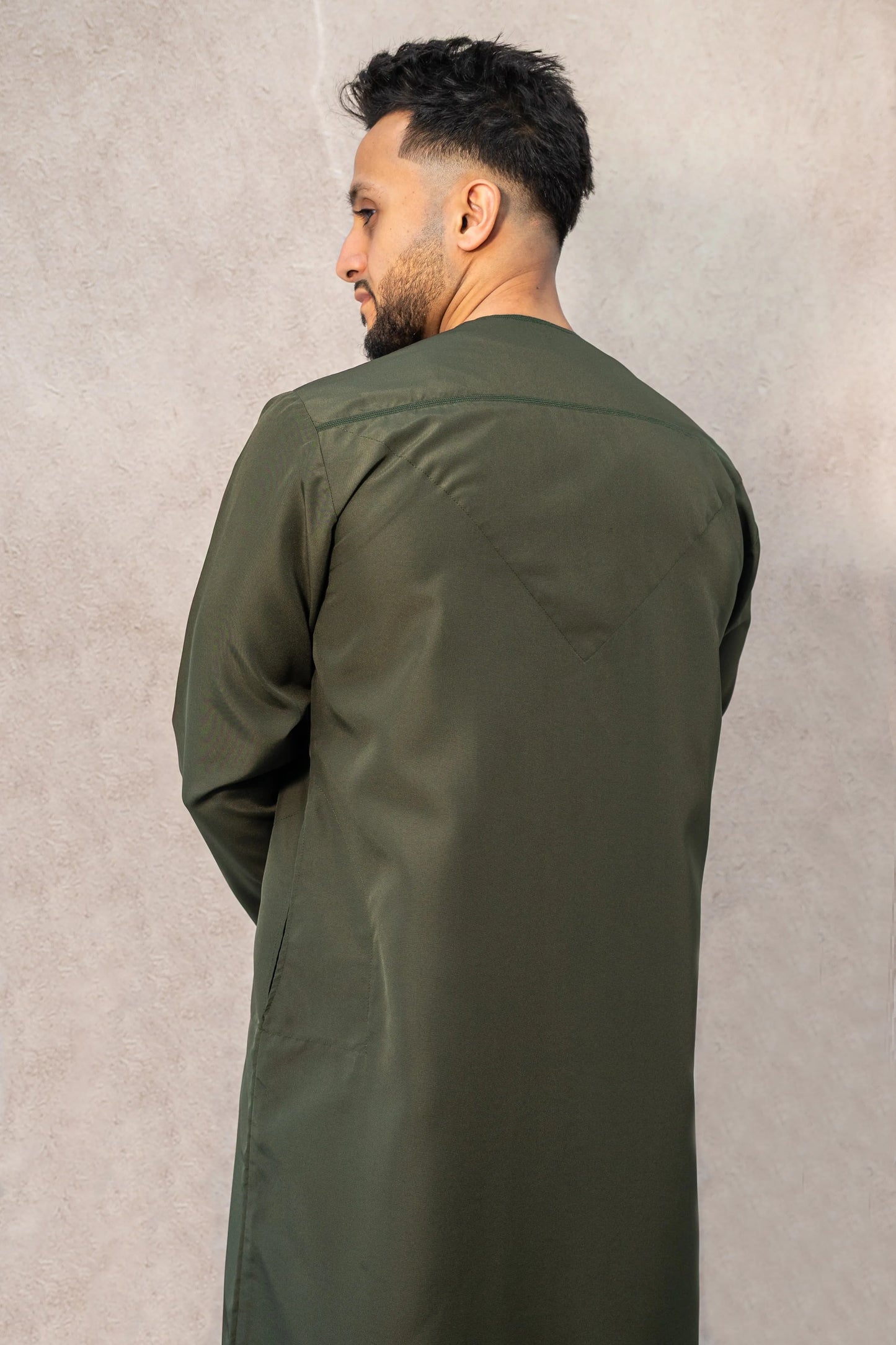 Back view of forest green / Olive Green Omani thobe / jubba
